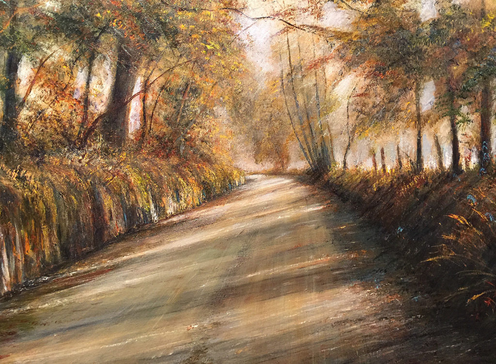 A painting of a road with trees and bushes