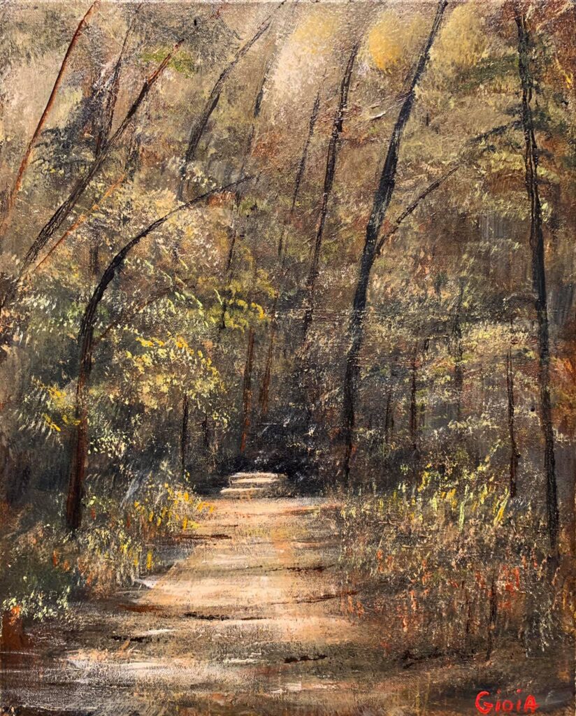 A painting of trees and dirt path in the woods.
