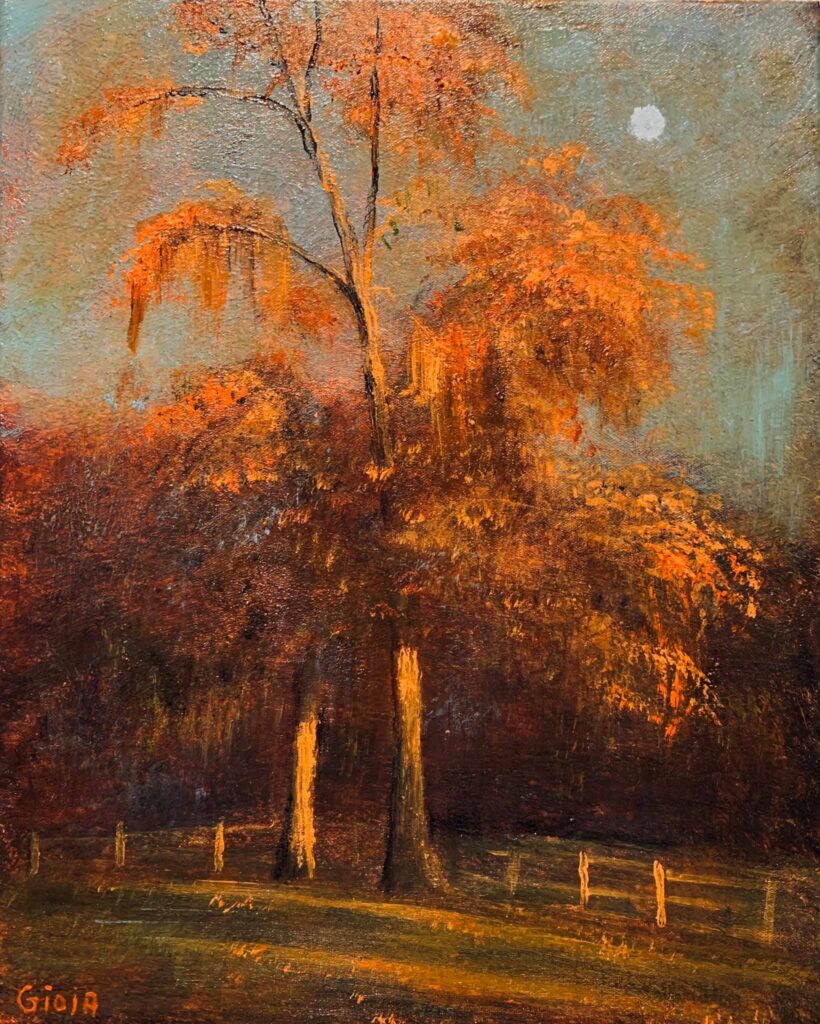 A painting of trees in the evening light