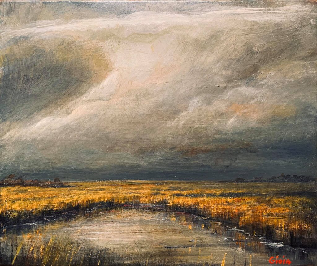 A painting of a field with water and clouds