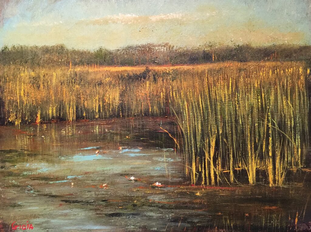 A painting of a marsh with ducks in it