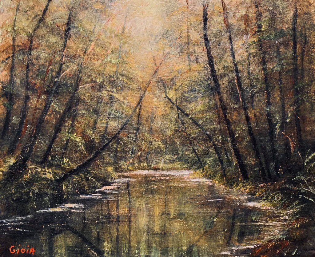 A painting of trees and water in the middle of a forest.