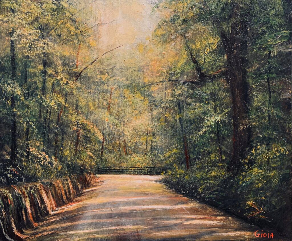 A painting of a road with trees in the background