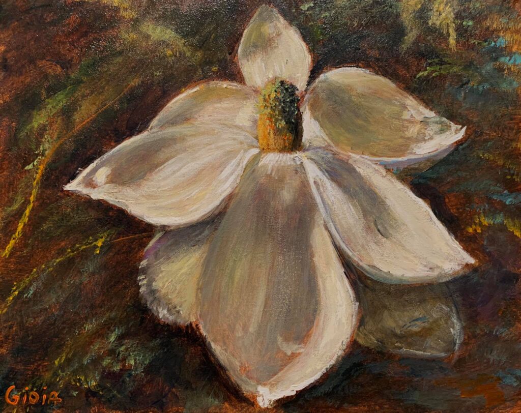 A painting of a white flower with brown leaves.