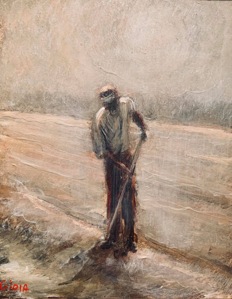 A painting of a man standing in the dirt
