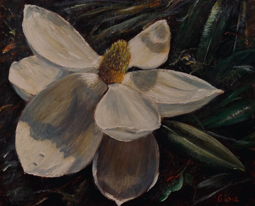 A painting of a white flower with yellow center.