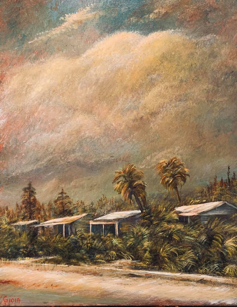 A painting of houses on the beach under cloudy skies.