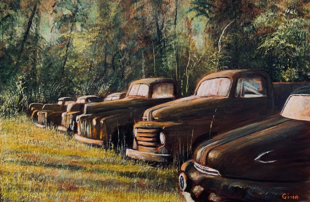 painting of line of rusted old trucks in country field