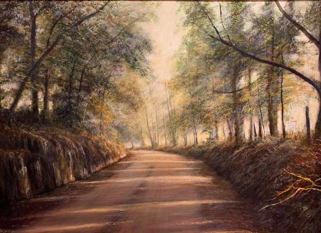 A painting of a road with trees on it