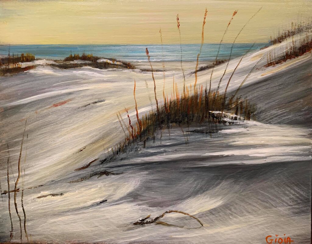 A painting of grass and sand dunes on the beach