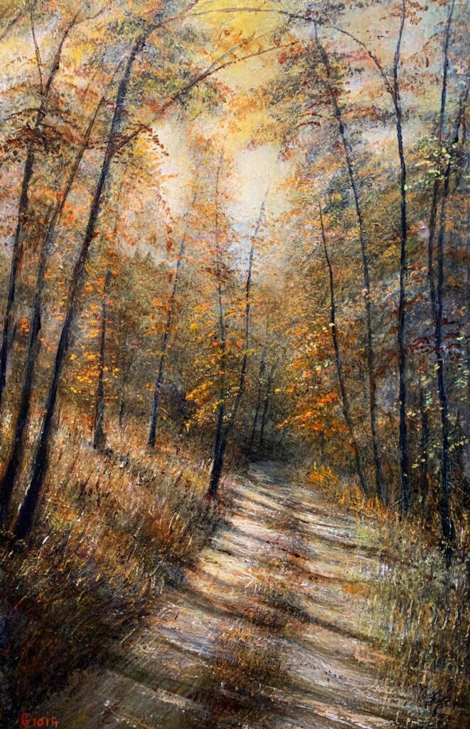 A painting of trees and dirt road in the woods