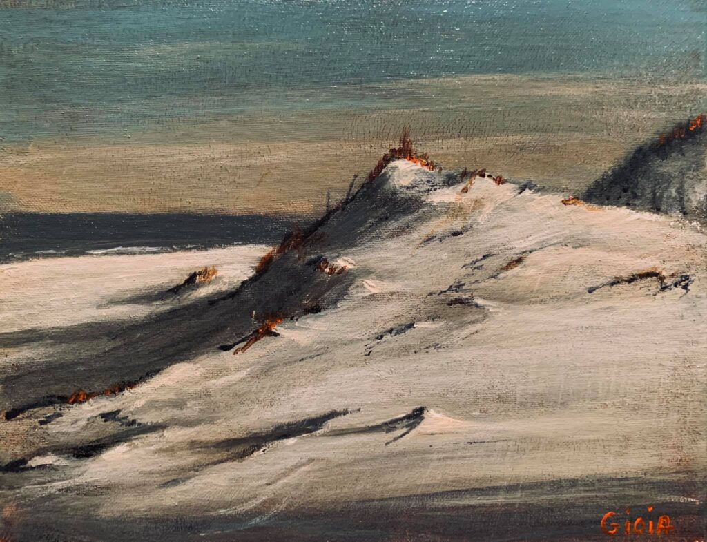 A painting of snow covered mountains with a sky background