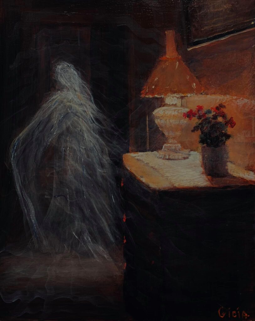 A painting of a ghost near a table with flowers.