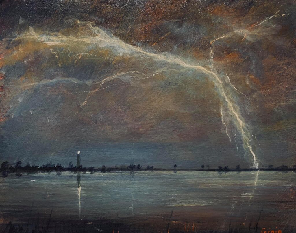 A painting of a storm with lightning in the sky.