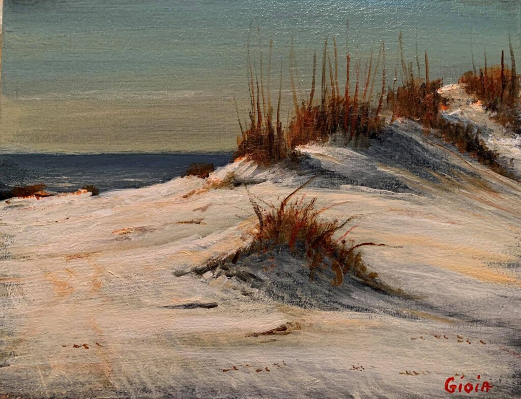 A painting of sand dunes and sea oats on the beach.