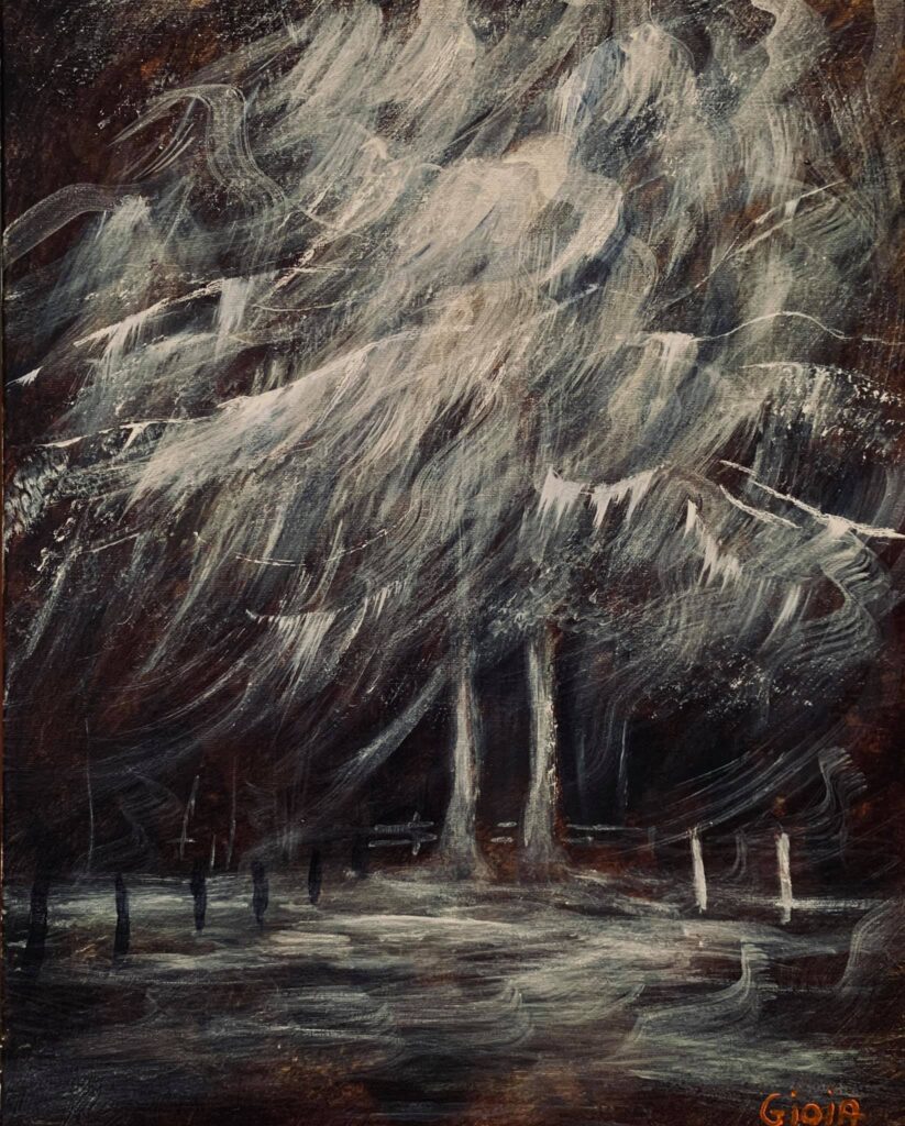 A painting of trees in the dark with snow