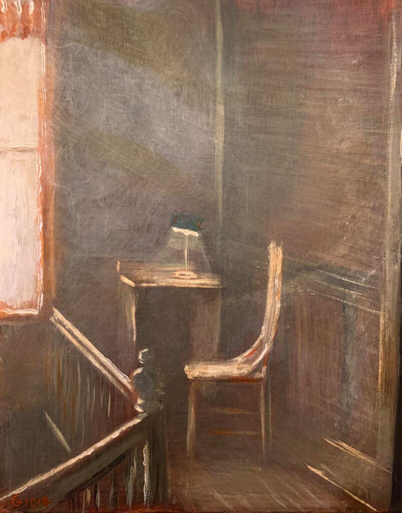 A painting of a room with a chair and table.