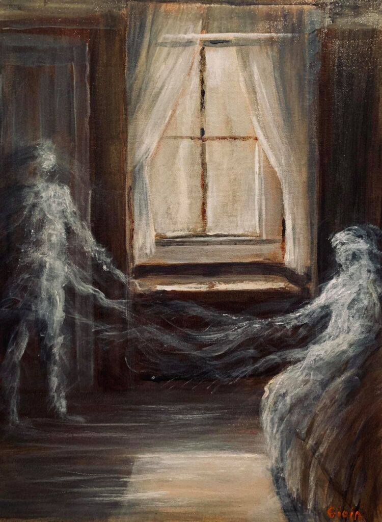 A painting of two people in front of a window.