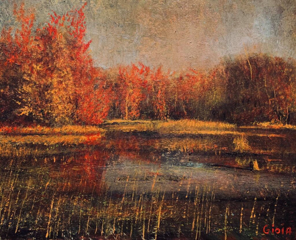 A painting of trees and water in the foreground.