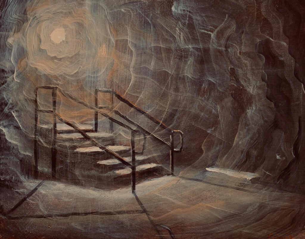 A painting of stairs leading to the top of a cave.