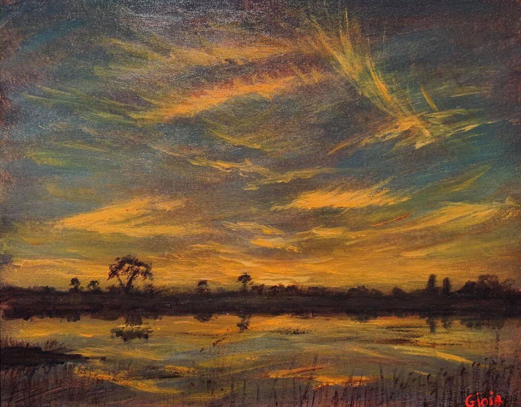 A painting of an orange sky and water