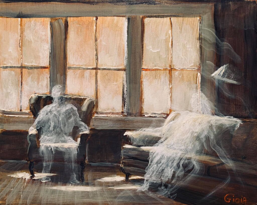 A painting of a living room with two people sitting on the couch