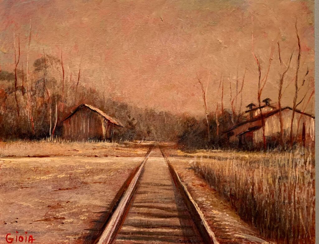 A painting of an empty train track with trees in the background