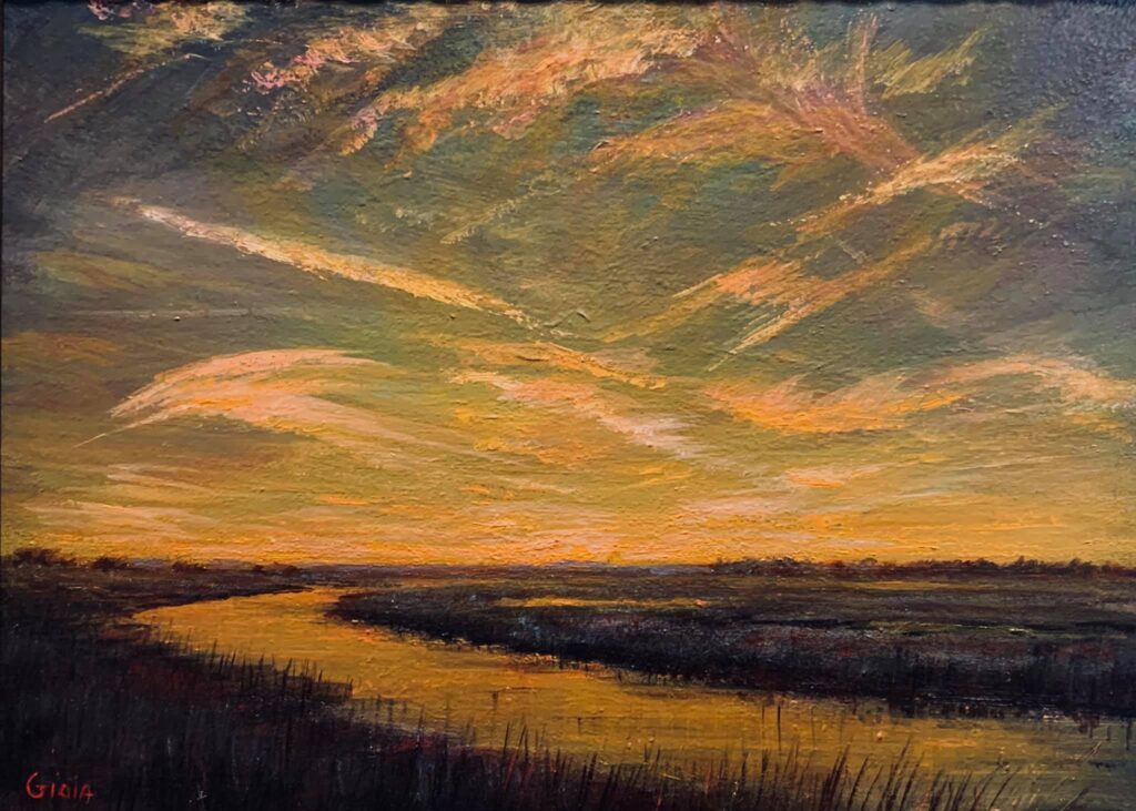 A painting of an orange sky and grass