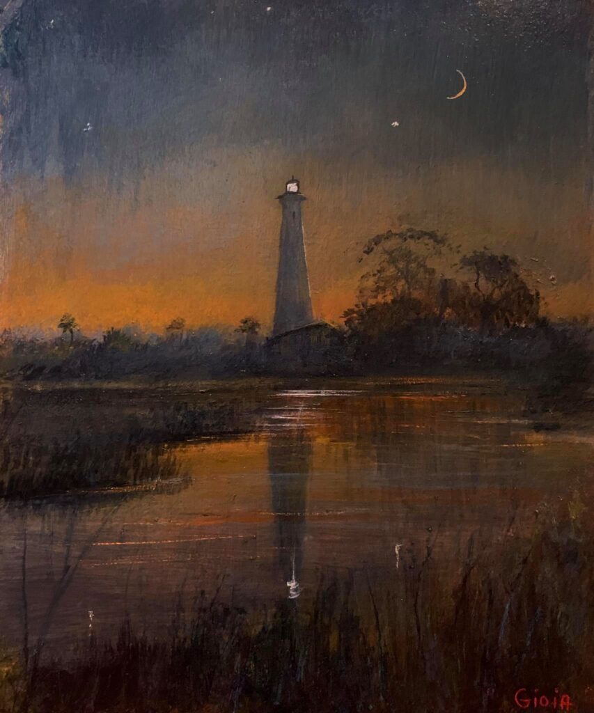 A painting of the light house at night