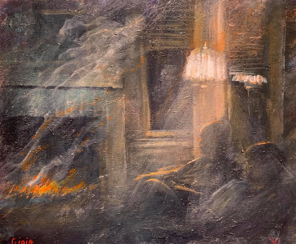 A painting of a fire and smoke in the background.
