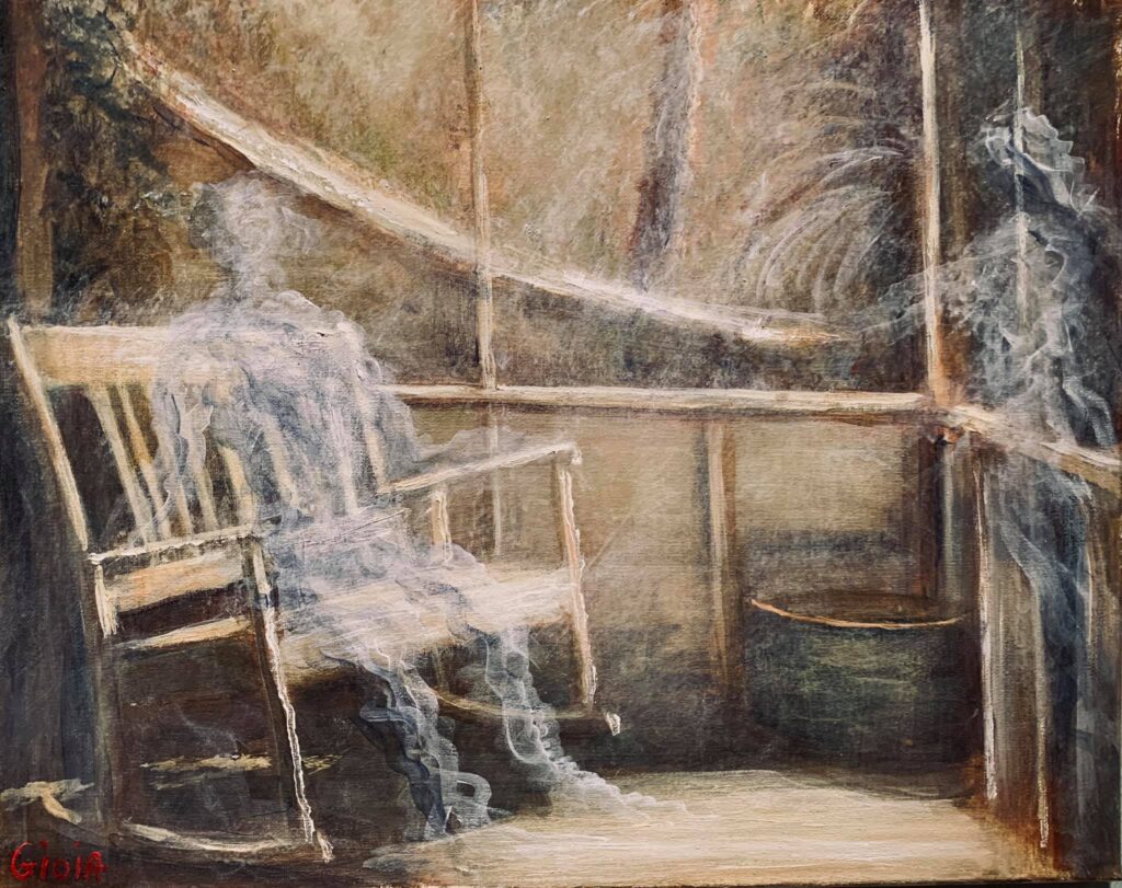 A painting of a rocking chair and waterfall