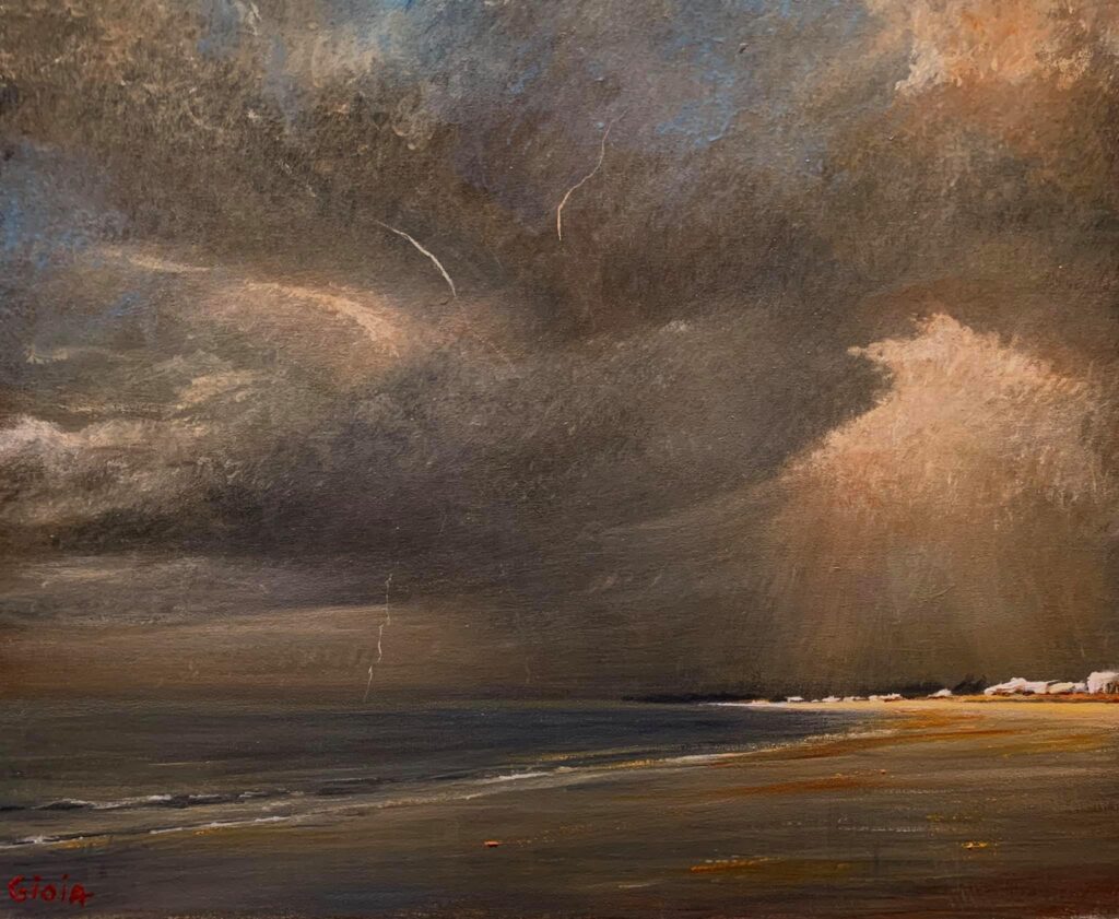 A painting of the ocean and sky with clouds