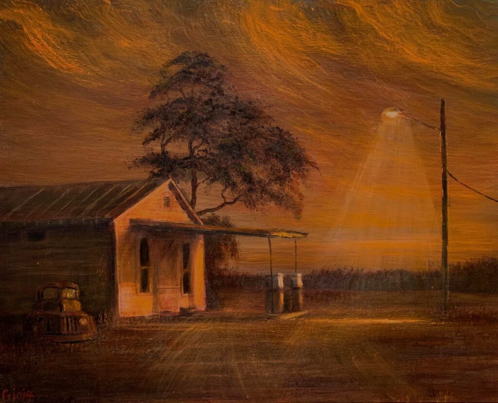 A painting of an old house with a tree in the background.