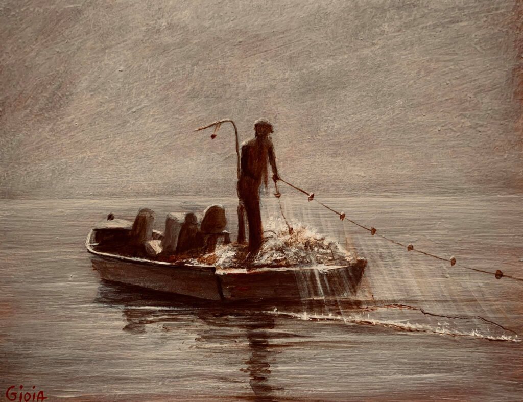 A man in a boat with nets on the water.