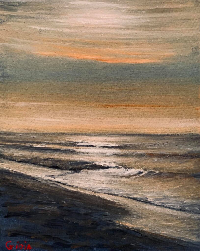 A painting of the ocean at sunset