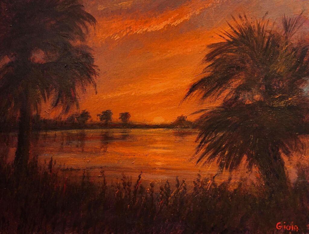 A painting of the sunset over a lake
