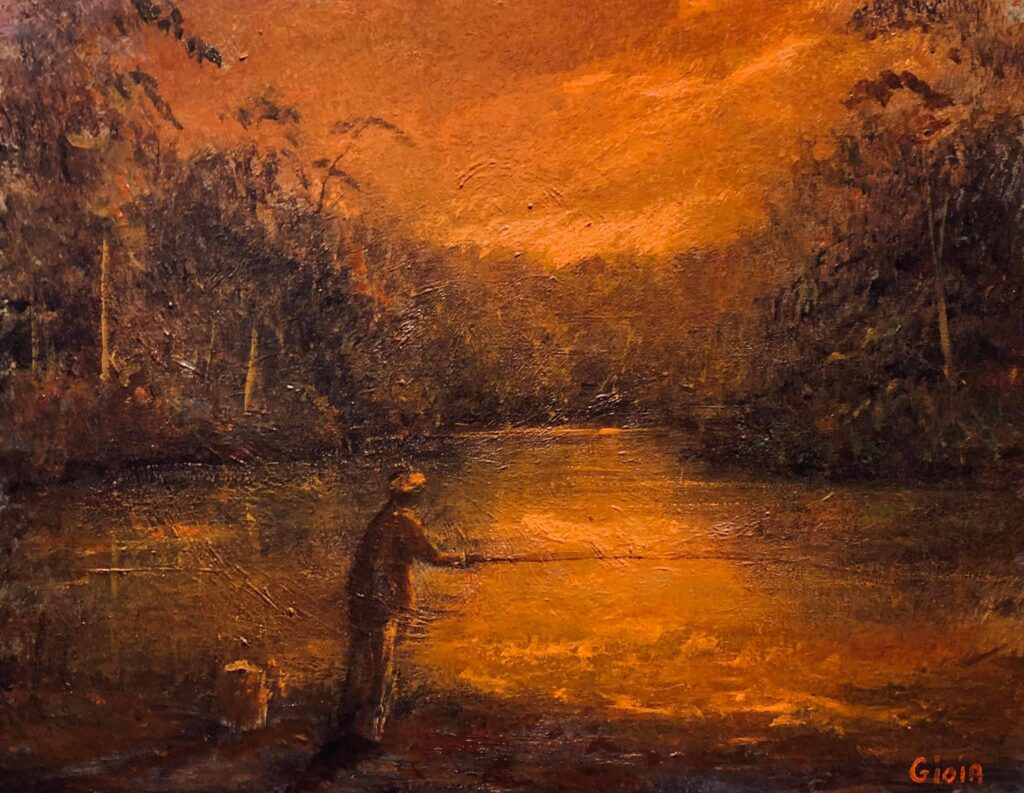 A painting of a man fishing in the water