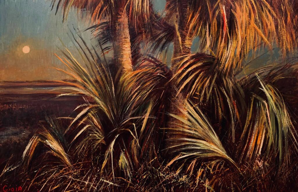 A painting of palm trees in the grass