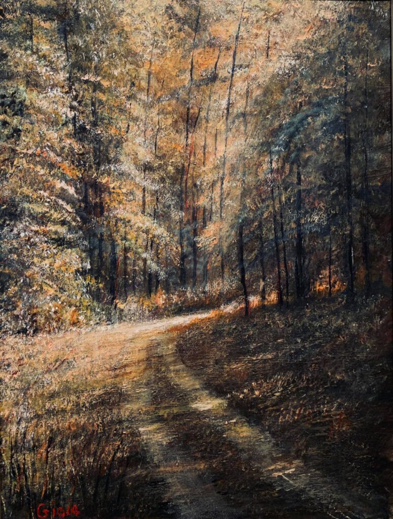 A painting of trees and dirt road in the woods.