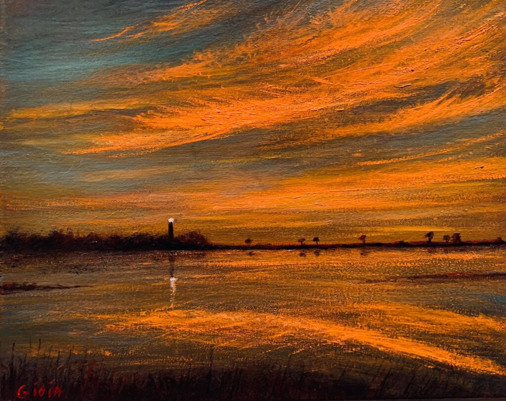 A painting of the sky and water at sunset.