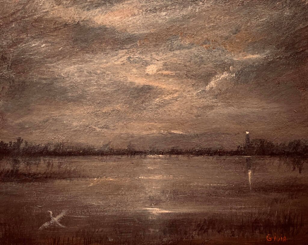 A painting of a body of water with birds flying in the sky.
