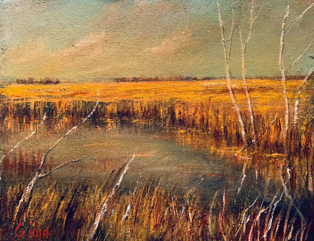 A painting of a field with grass and water