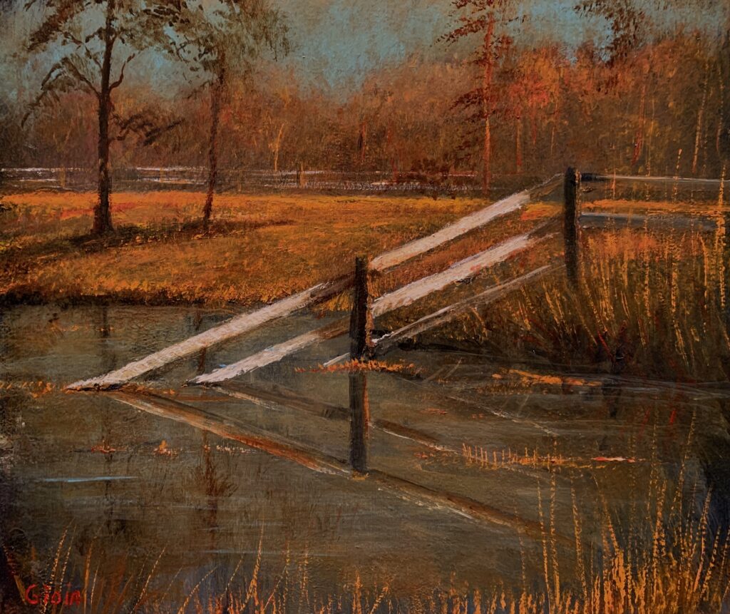 A painting of a fence and water
