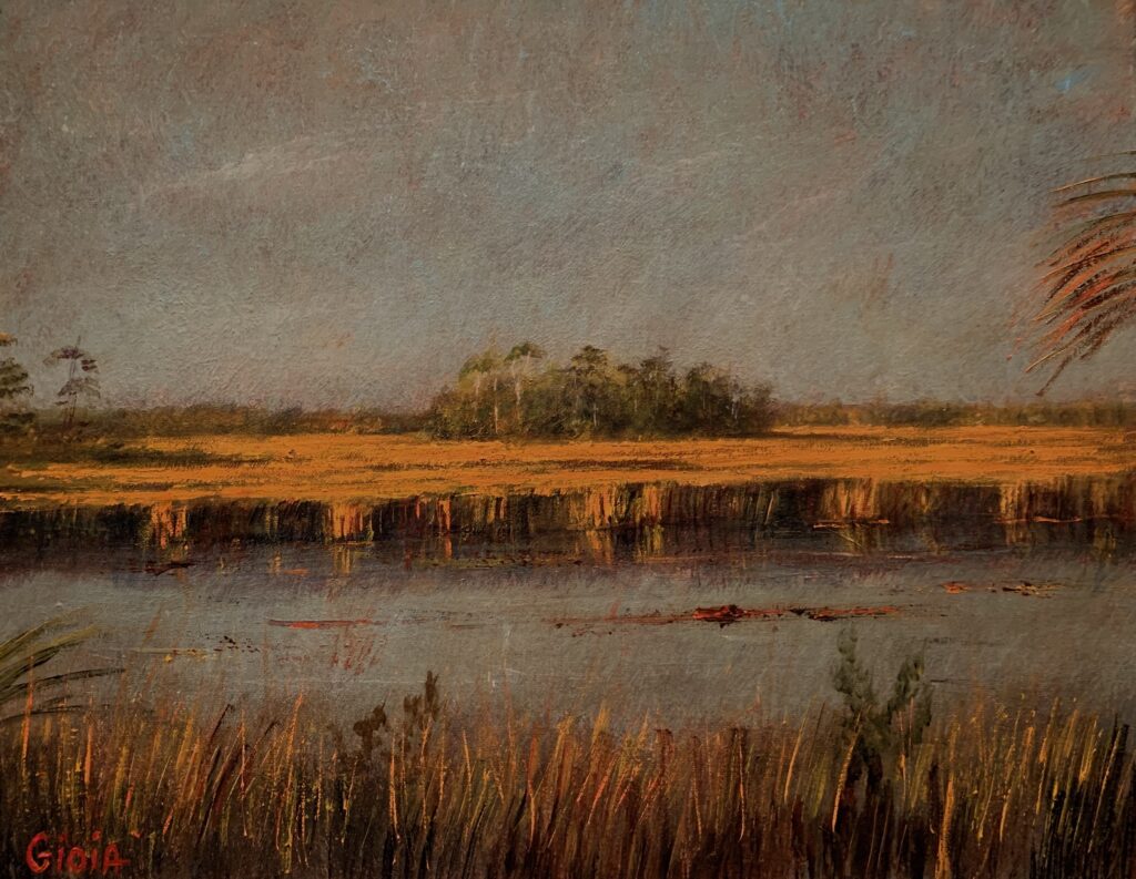 A painting of a river with grass and trees in the background.