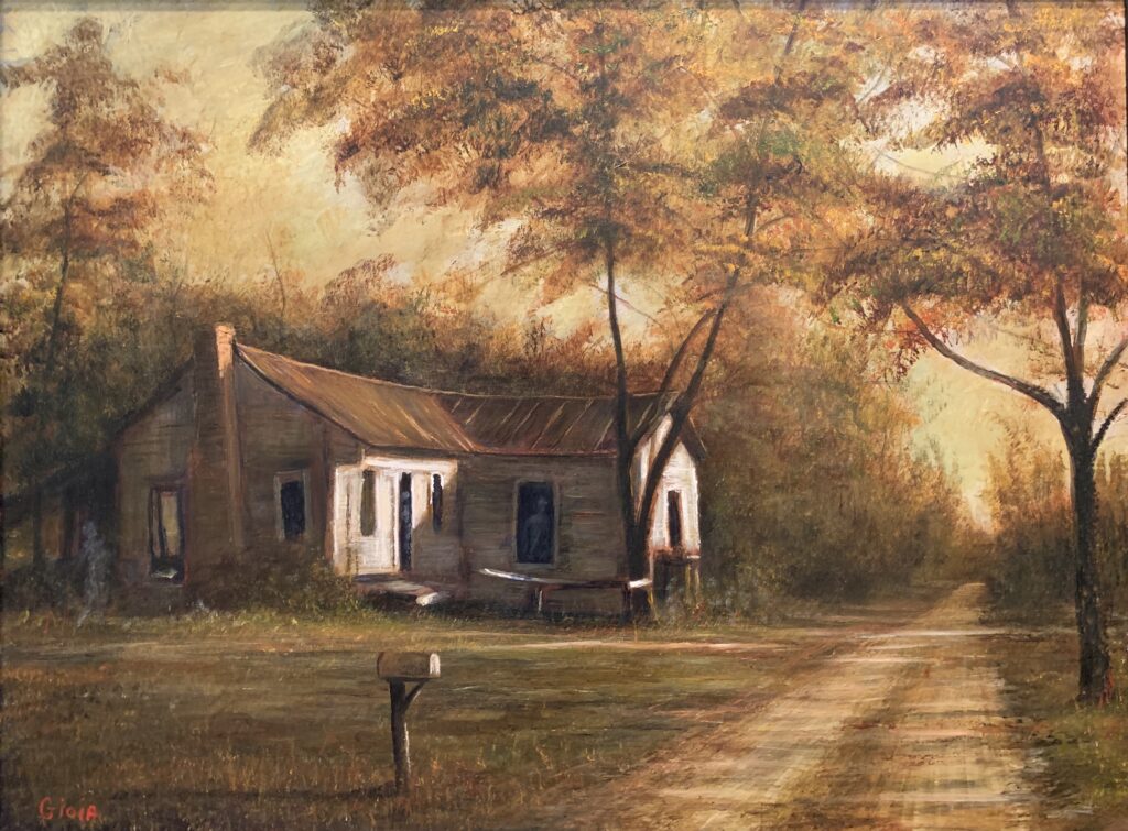 A painting of an old house in the middle of nowhere