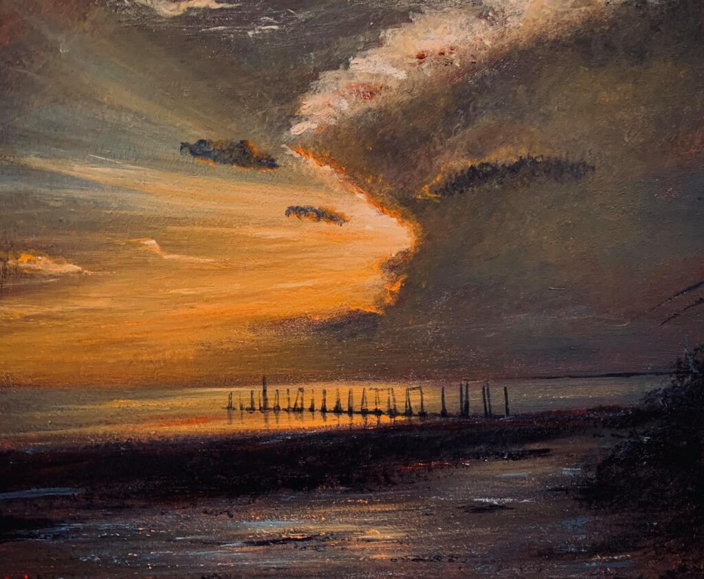 A painting of the sky and water at sunset