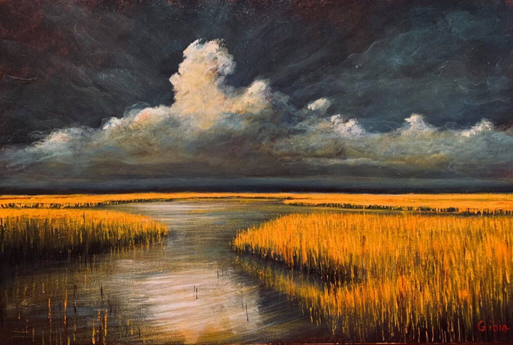 A painting of a cloudy sky over the water