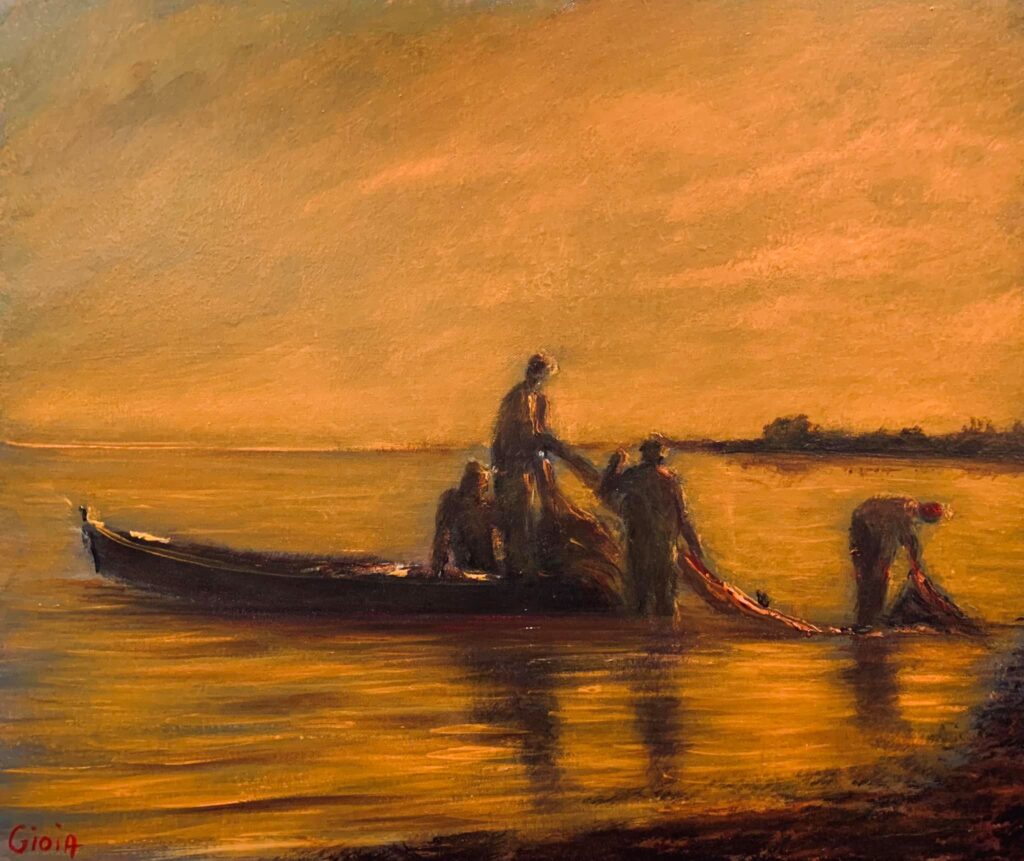 A painting of people in the water with boats.