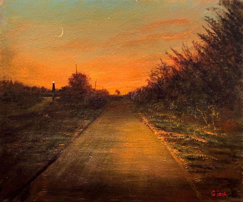 A painting of an empty road with the sun setting.