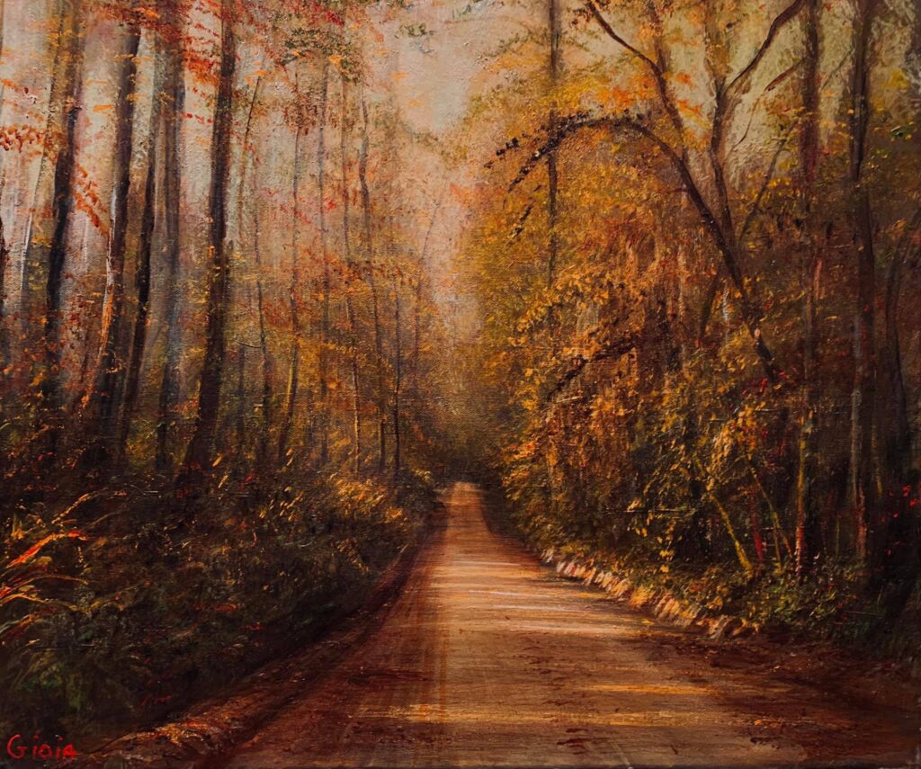 A painting of a road in the woods